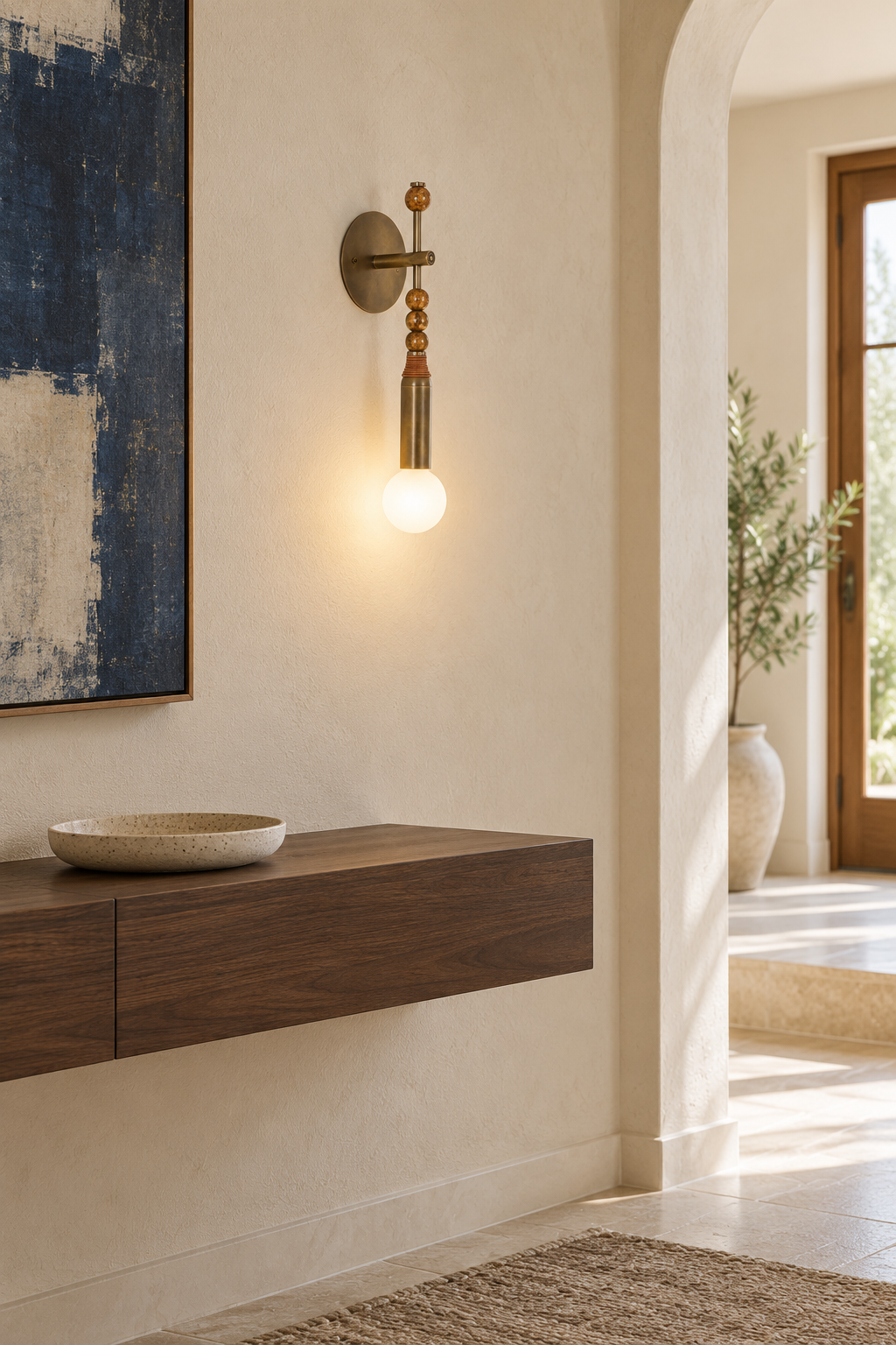 Toam brass wall sconce with brown marble beads in a bright foyer, light on