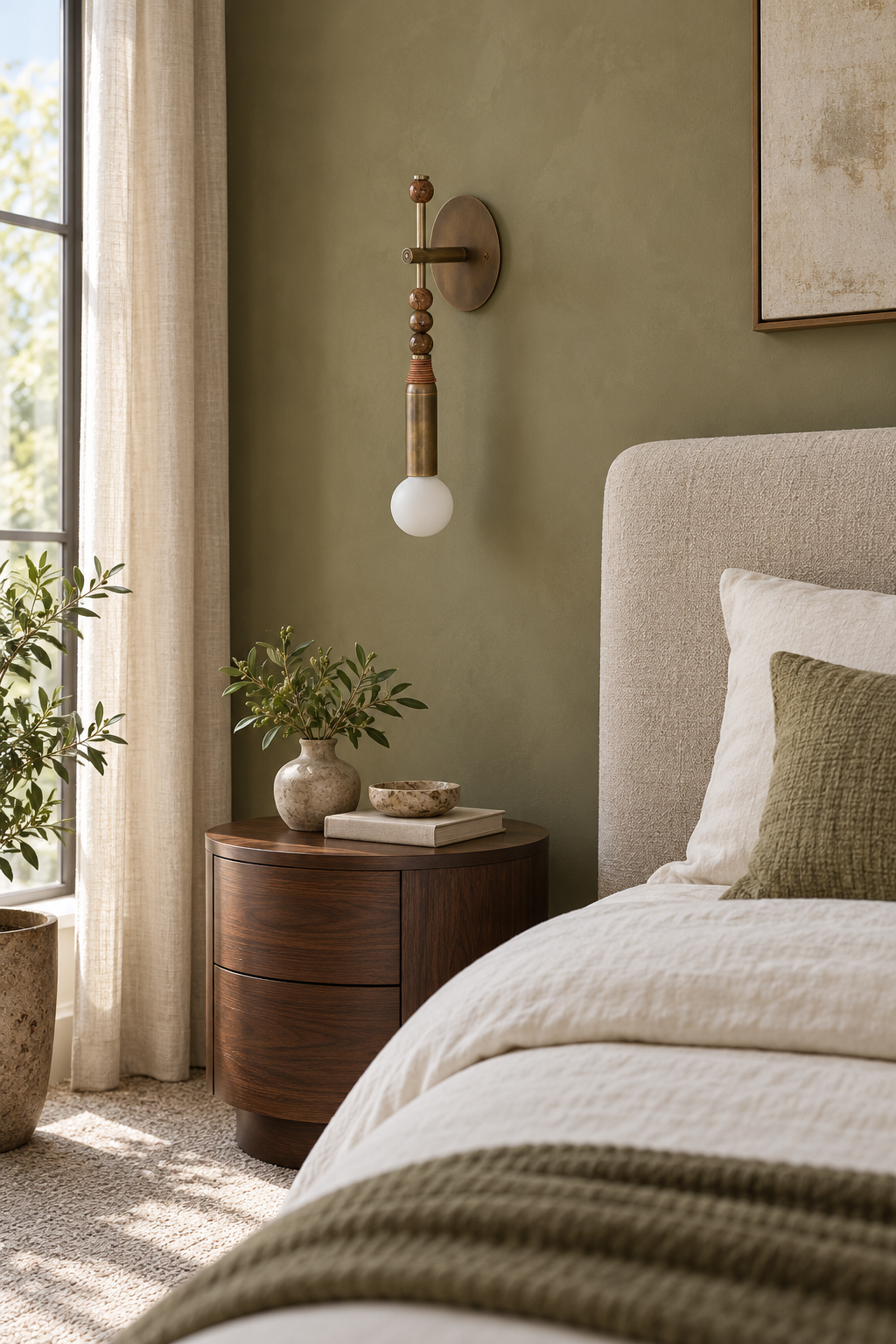 Toam brass wall sconce with brown marble beads beside a bedroom nightstand, light off