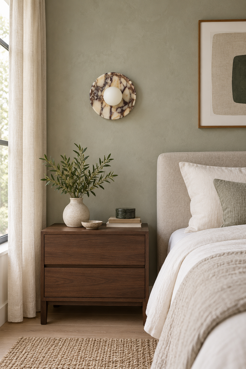 Viola purple marble globe wall sconce beside a bedroom nightstand, light off