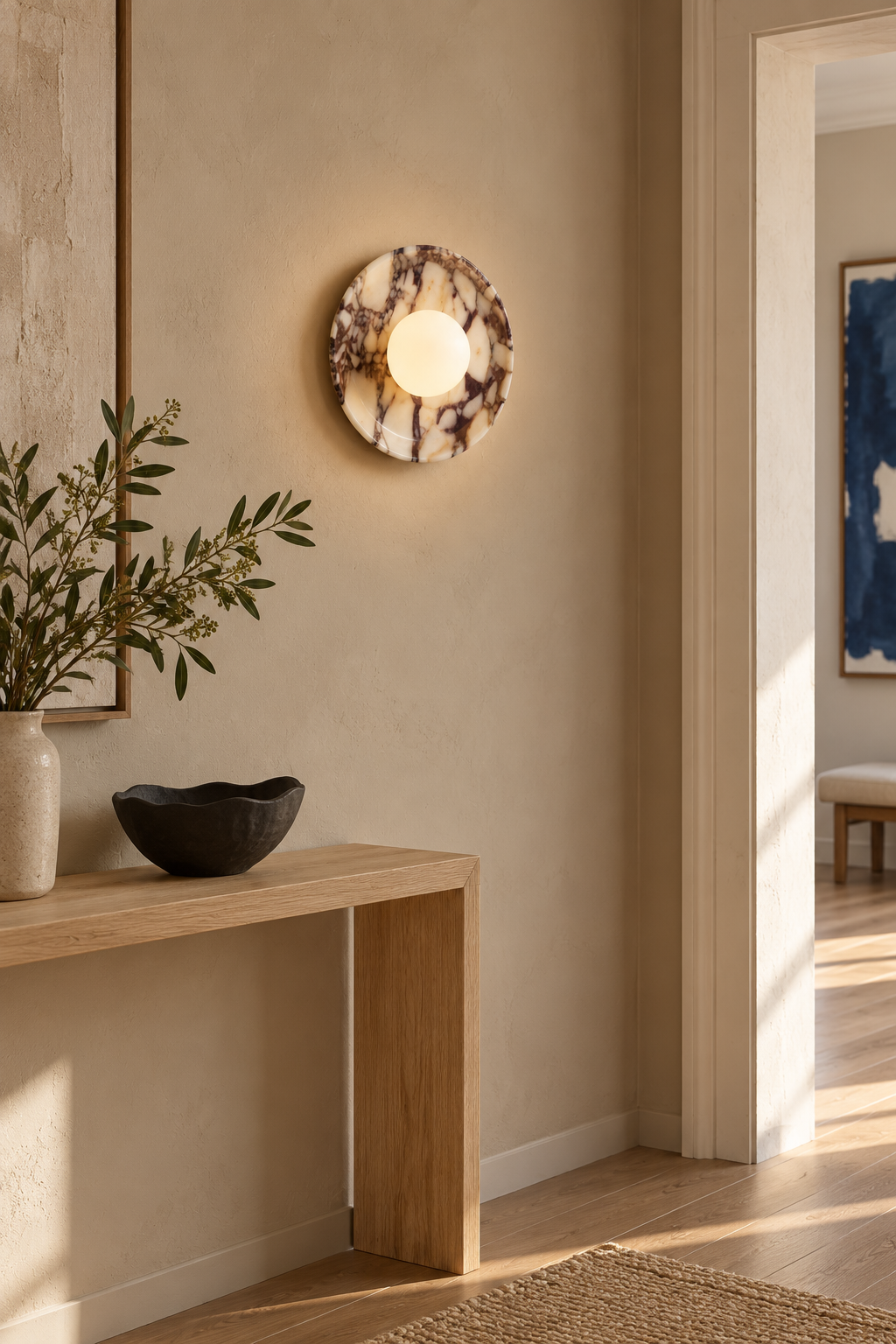 Viola purple marble globe wall sconce in a bright gallery hallway, light on