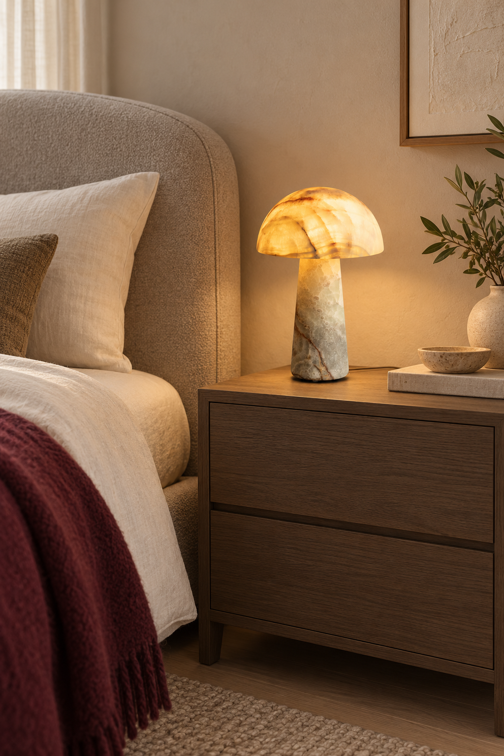 Menta cyan onyx table lamp on a bedside table, light on