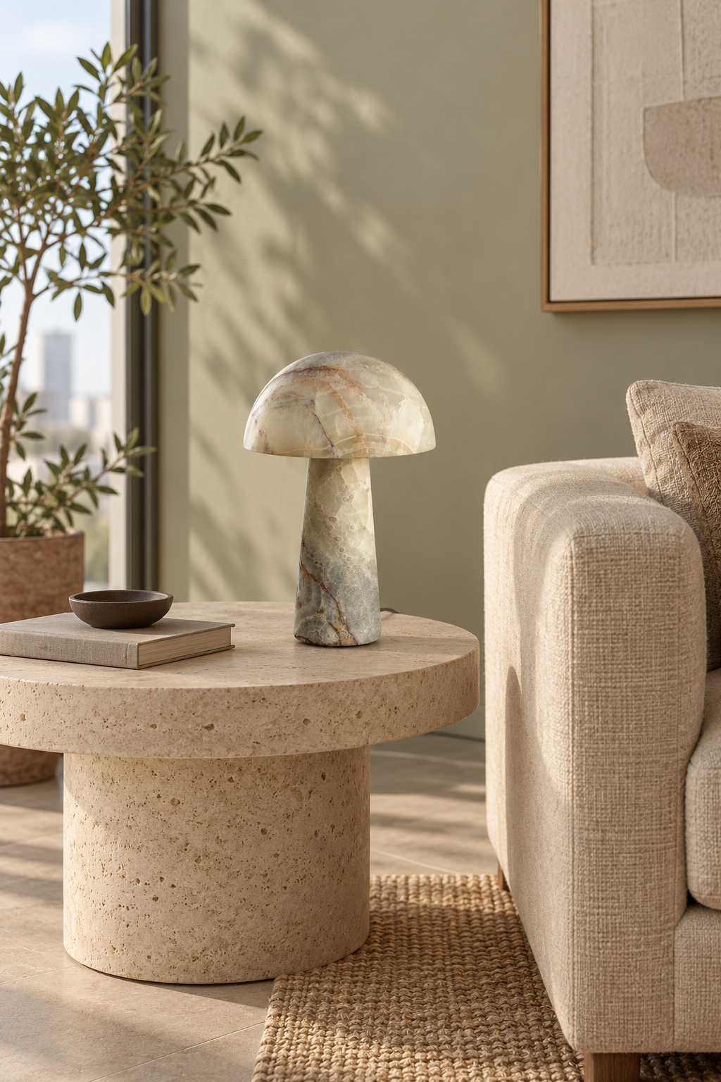 Menta cyan onyx table lamp in a lounge, light off