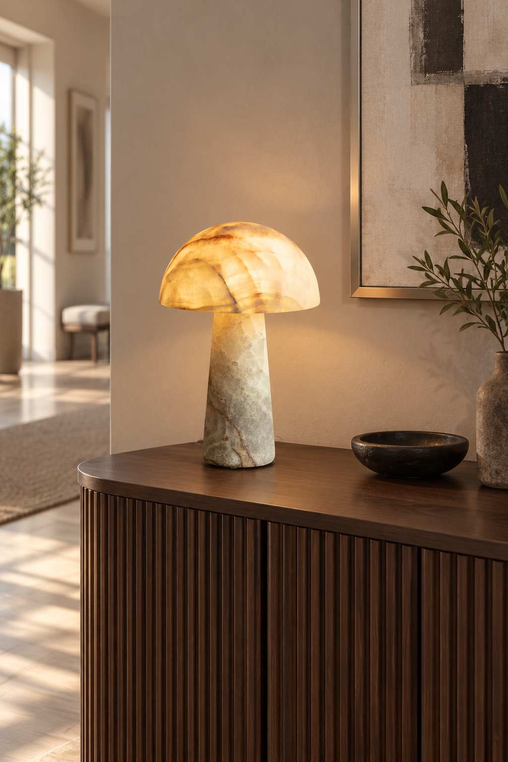 Menta cyan onyx table lamp on a console table, light on