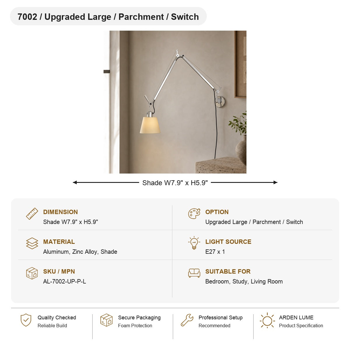 Bauhaus Adjustable Parchment Swing Arm Wall Light SKU AL-7002-UP-P-L