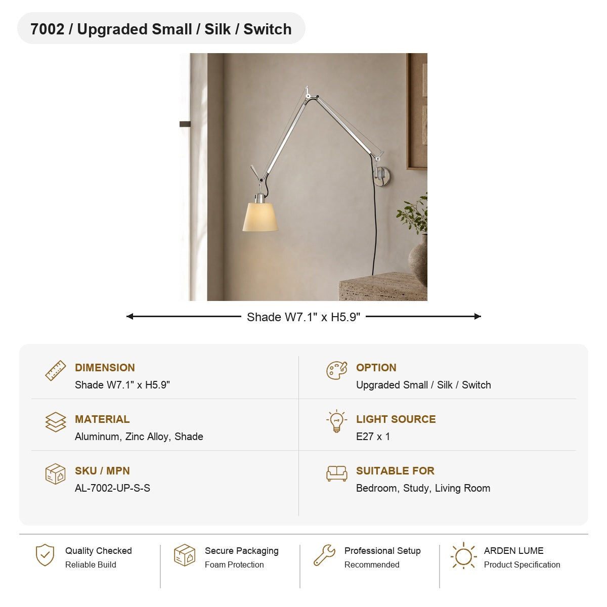 Bauhaus Adjustable Parchment Swing Arm Wall Light SKU AL-7002-UP-S-S