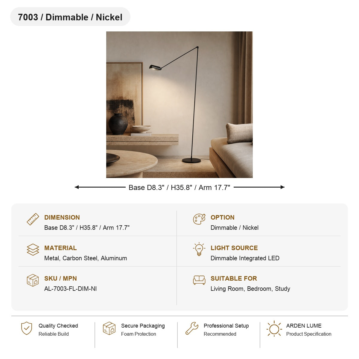 Daphine Adjustable LED Floor Lamp SKU AL-7003-FL-DIM-NI