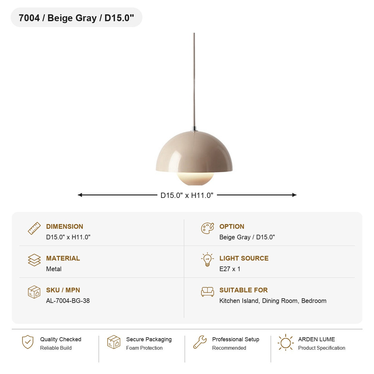 Flowerpot Dome Pendant Light SKU AL-7004-BG-38