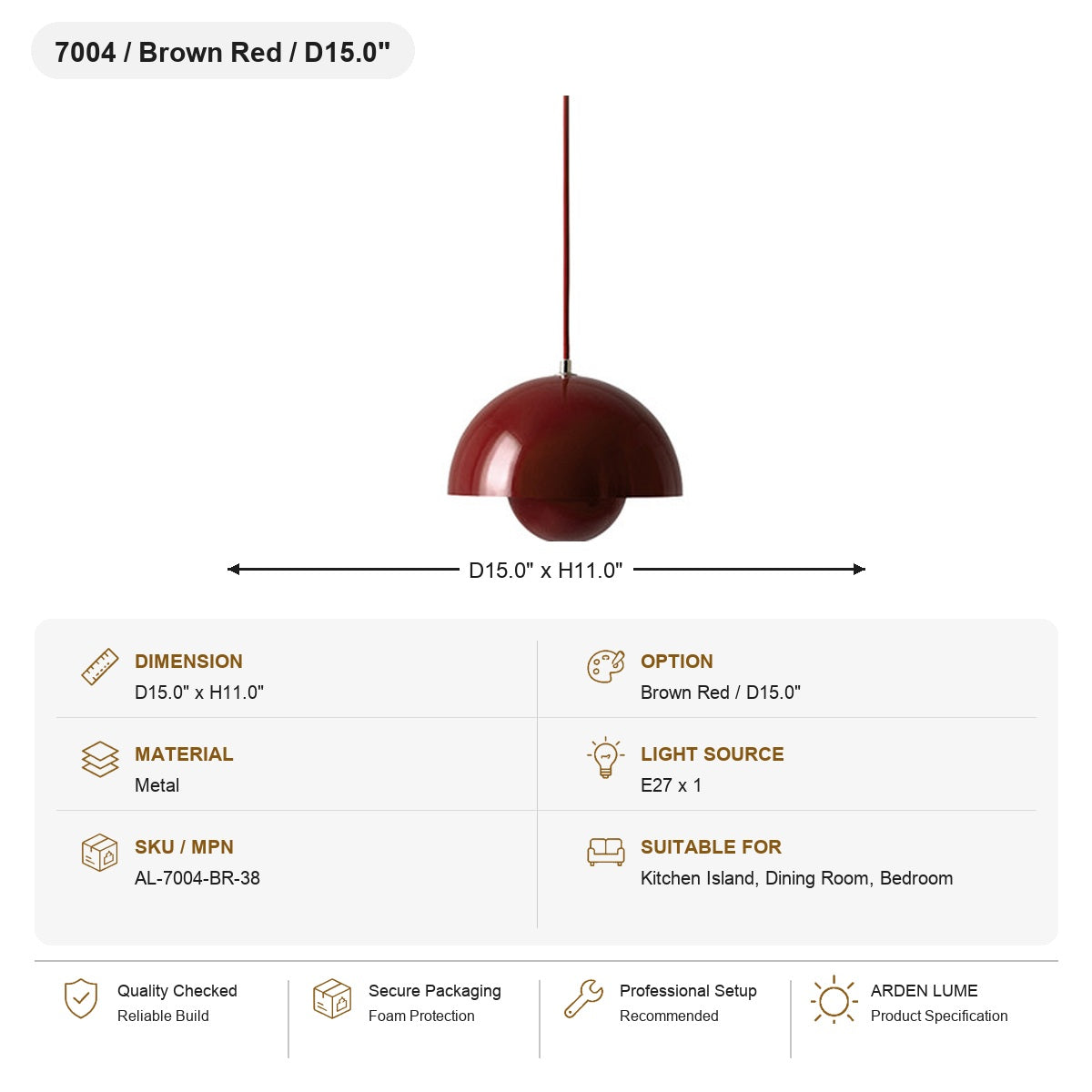 Flowerpot Dome Pendant Light SKU AL-7004-BR-38