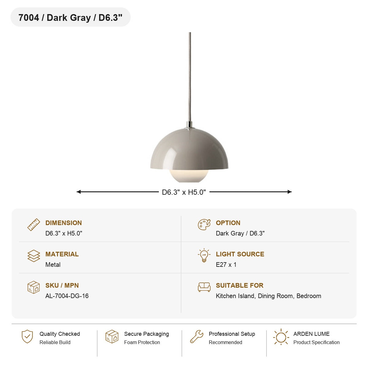 Flowerpot Dome Pendant Light SKU AL-7004-DG-16