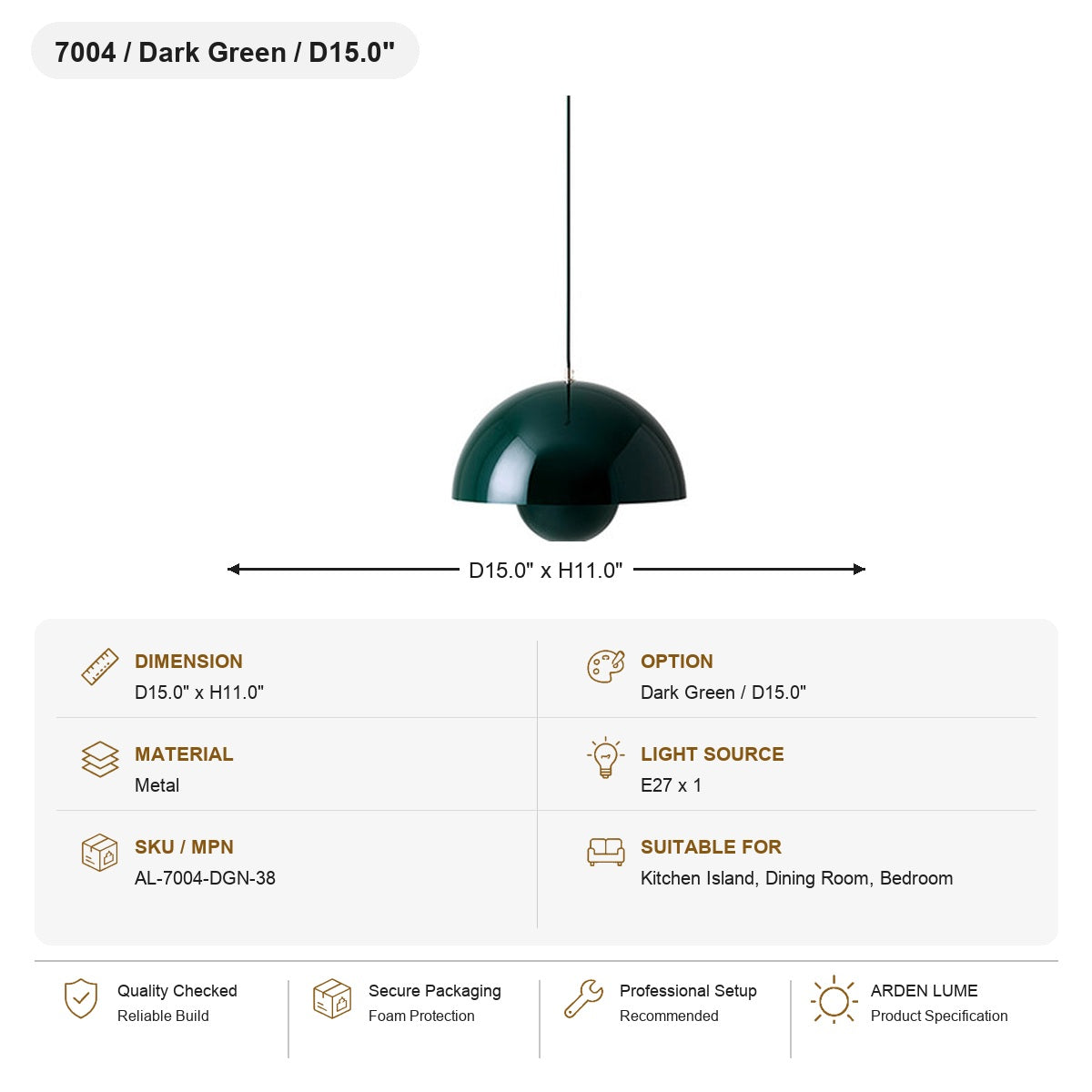 Flowerpot Dome Pendant Light SKU AL-7004-DGN-38