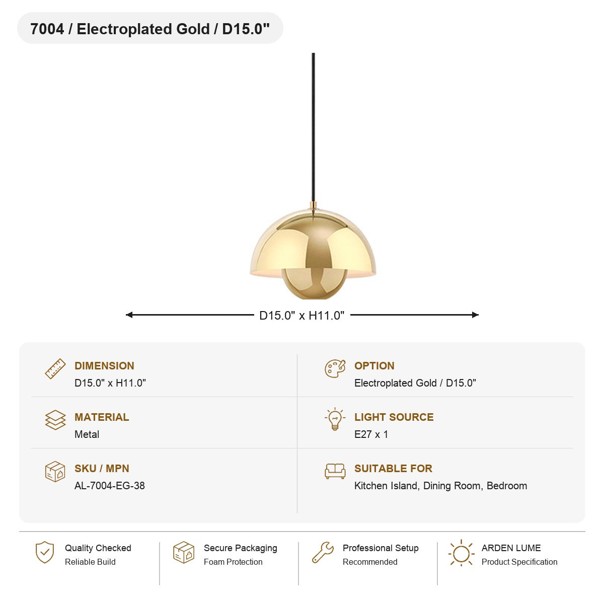 Flowerpot Dome Pendant Light SKU AL-7004-EG-38