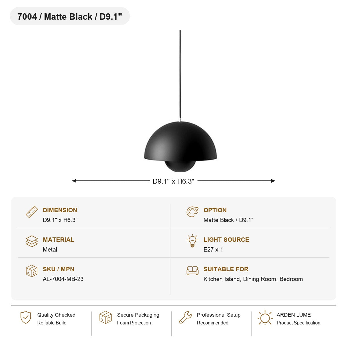 Flowerpot Dome Pendant Light SKU AL-7004-MB-23