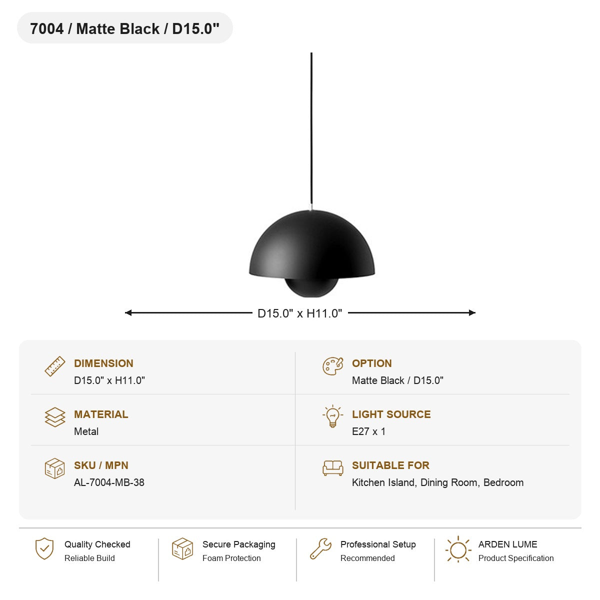 Flowerpot Dome Pendant Light SKU AL-7004-MB-38