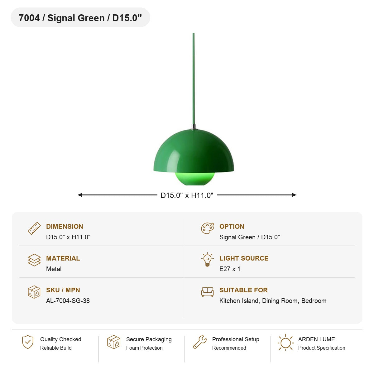 Flowerpot Dome Pendant Light SKU AL-7004-SG-38