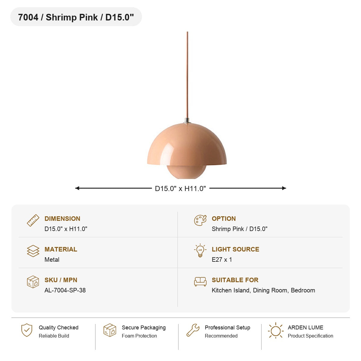 Flowerpot Dome Pendant Light SKU AL-7004-SP-38
