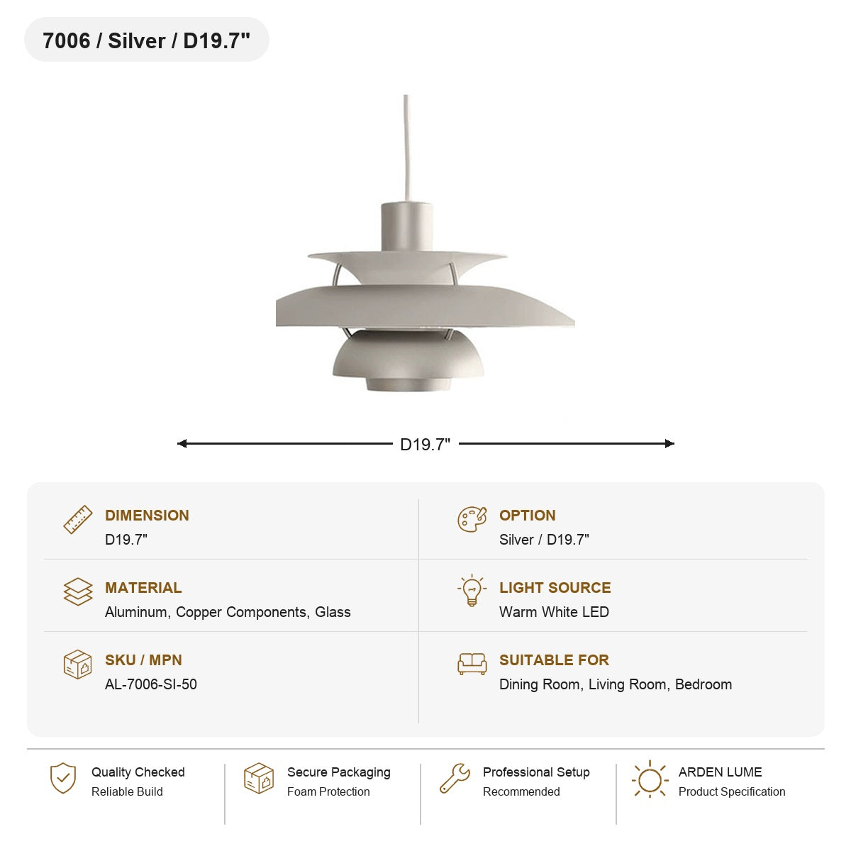 PH5 Layered Metal Pendant Light SKU AL-7006-SI-50