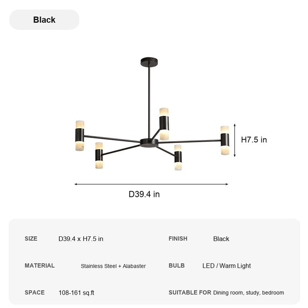 Modern Alabaster Branch Chandelier - Black specification card