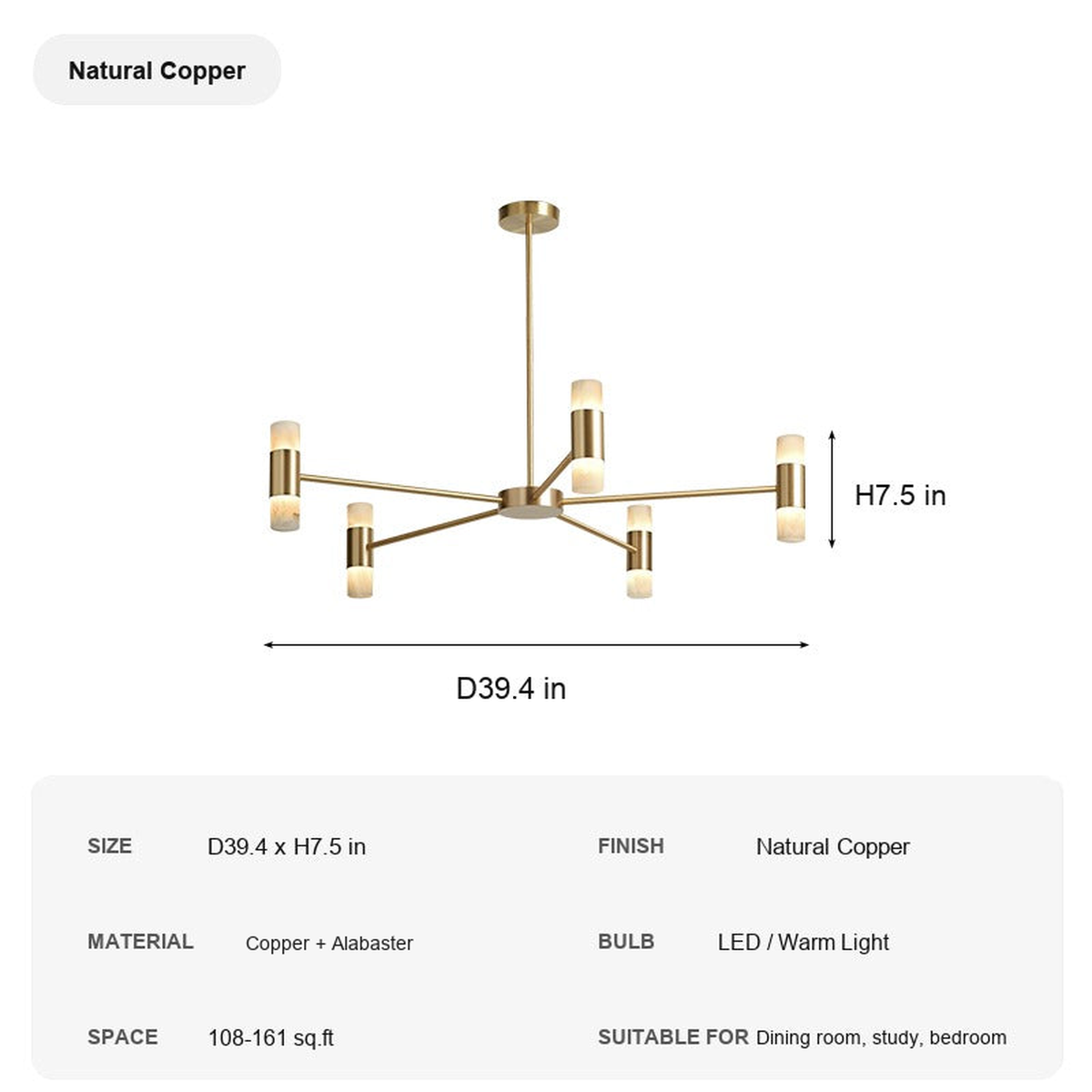Modern Alabaster Branch Chandelier - Natural Copper specification card