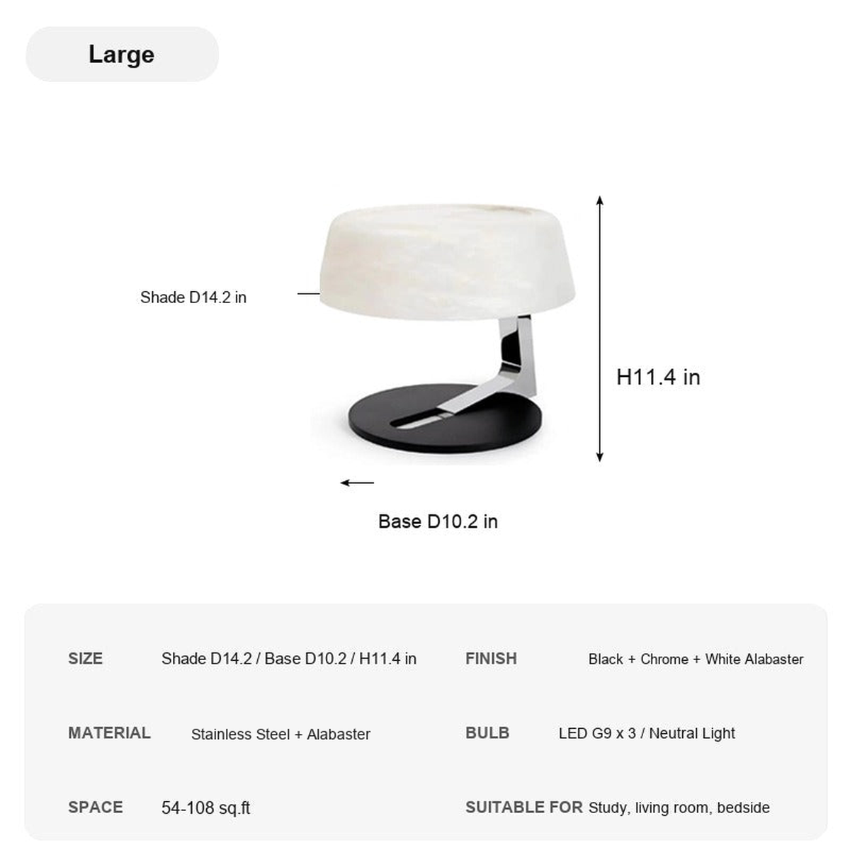 Modern Alabaster Table Lamp in Black and Chrome - Large specification card