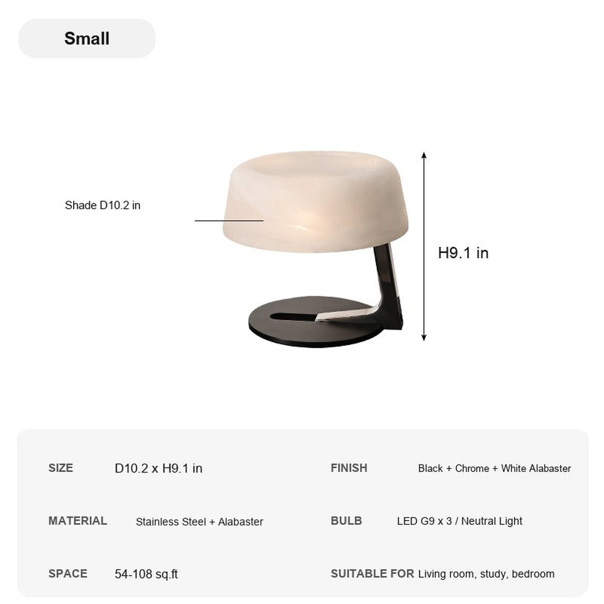 Modern Alabaster Table Lamp in Black and Chrome - Small specification card