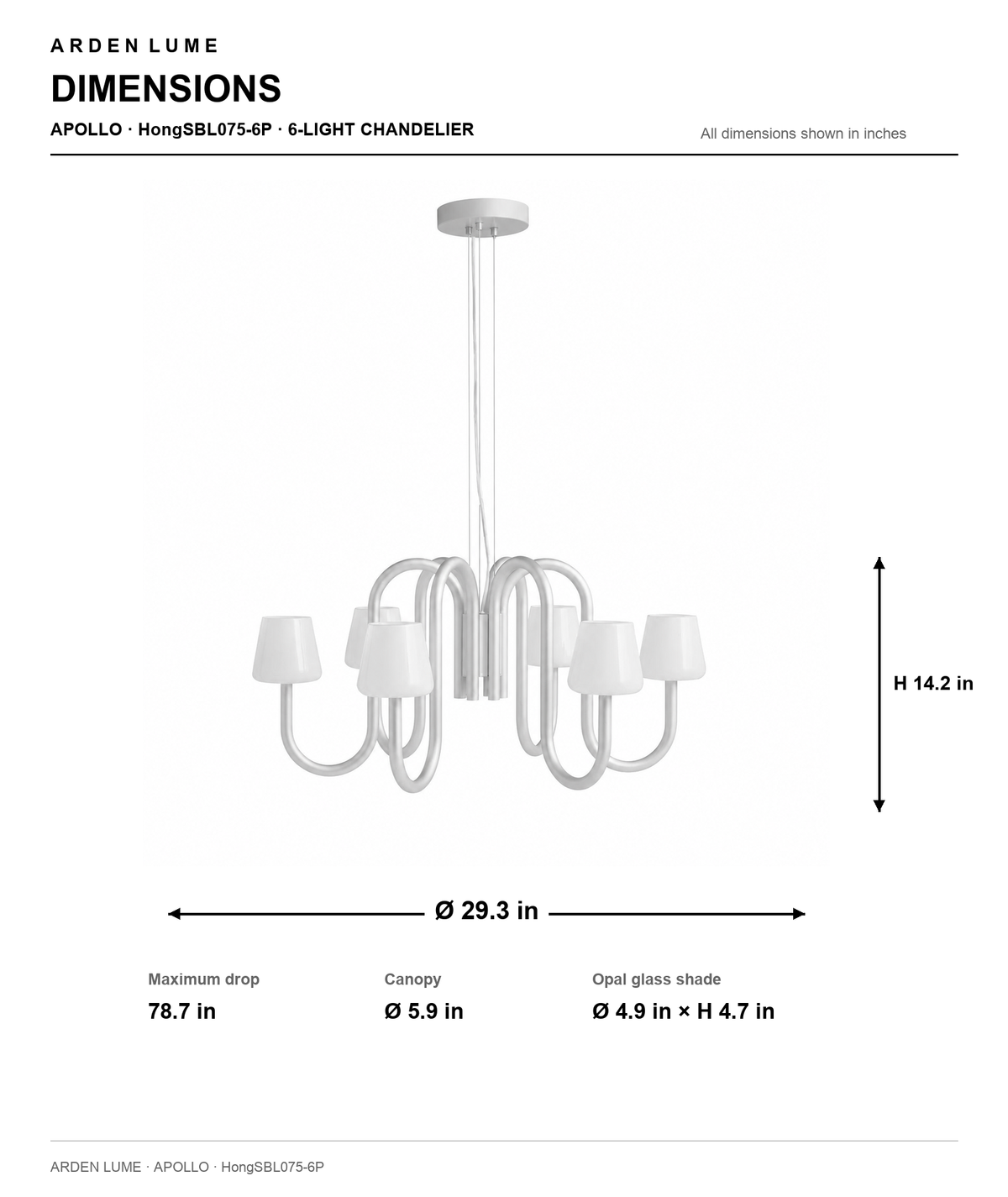 Apollo Gray Aluminum and Opal Glass Chandelier dimensions — 29.3 in / 6-Light