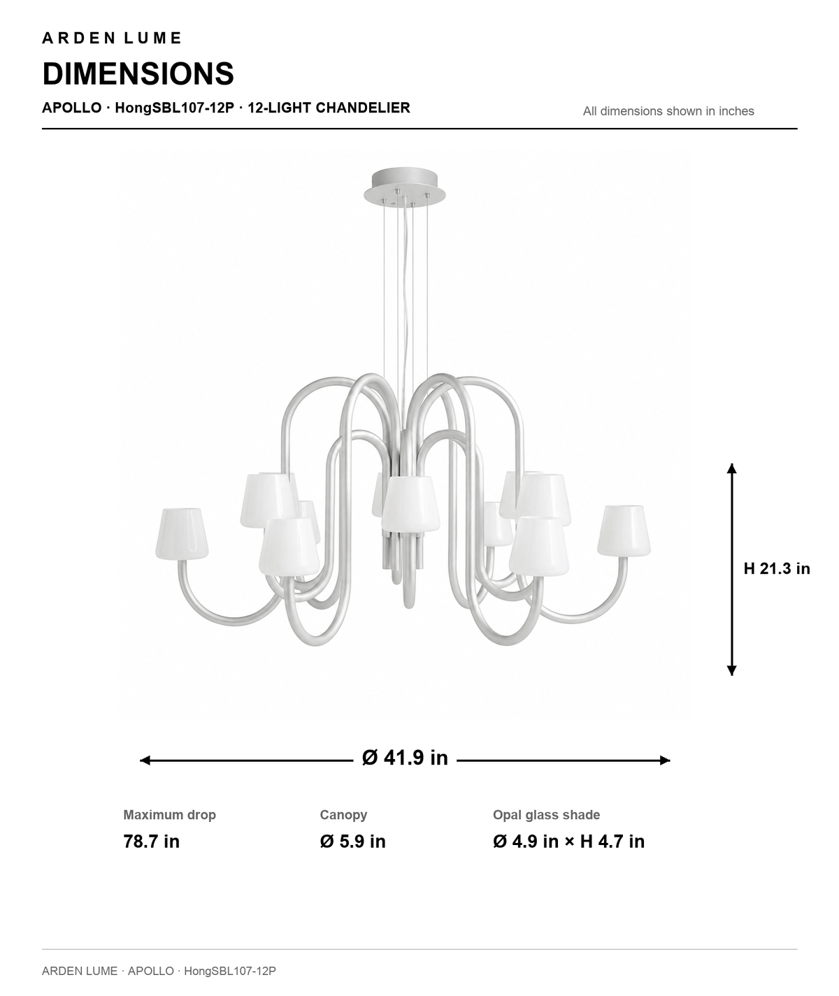 Apollo Gray Aluminum and Opal Glass Chandelier dimensions — 41.9 in / 12-Light