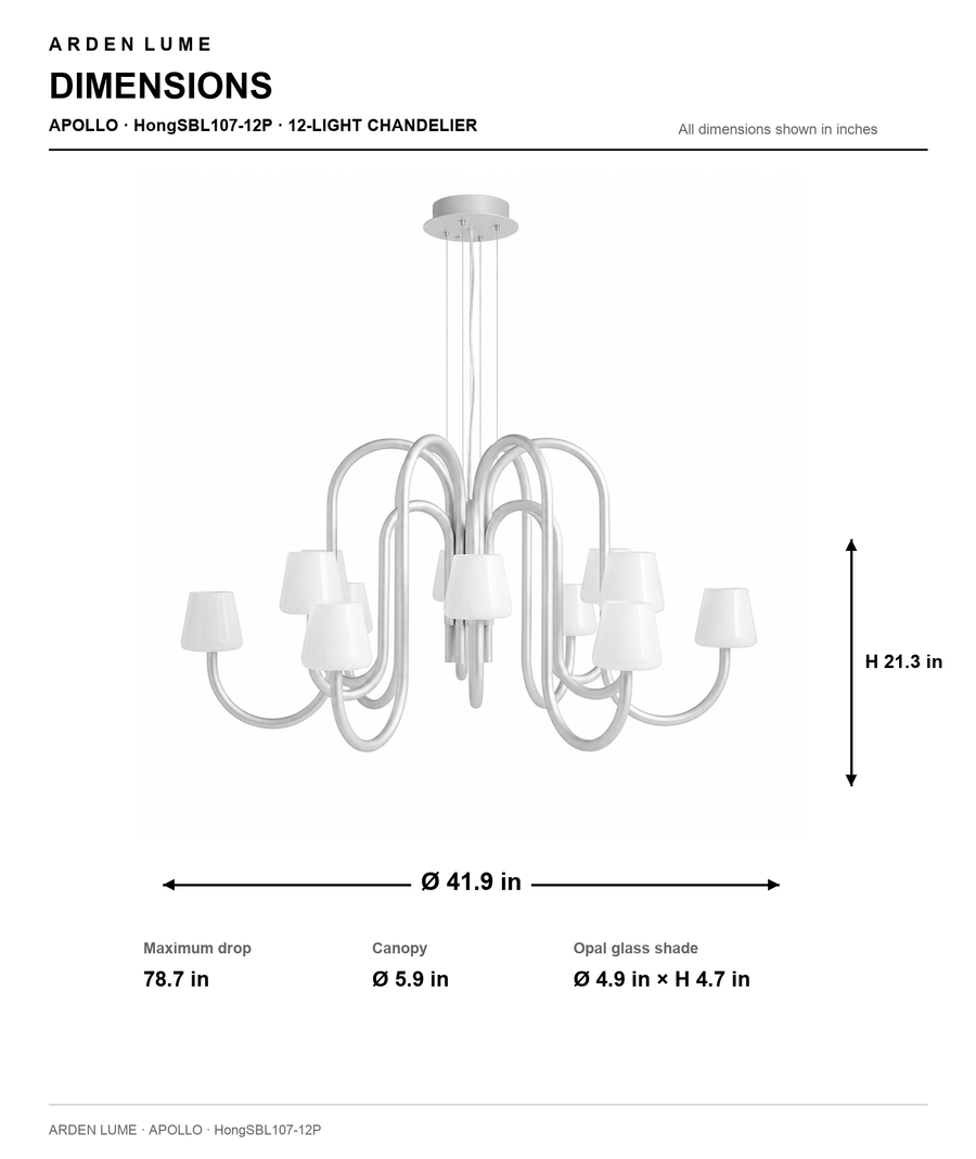 Apollo Gray Aluminum and Opal Glass Chandelier dimensions — 41.9 in / 12-Light