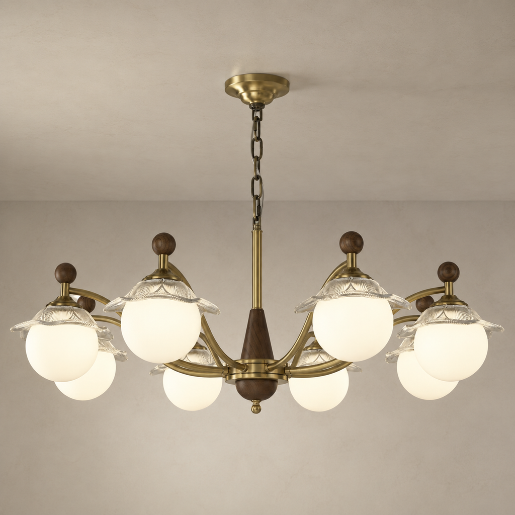 Mirelune Opal Globe and Petal Glass Chandelier product-forward warm neutral installed hero