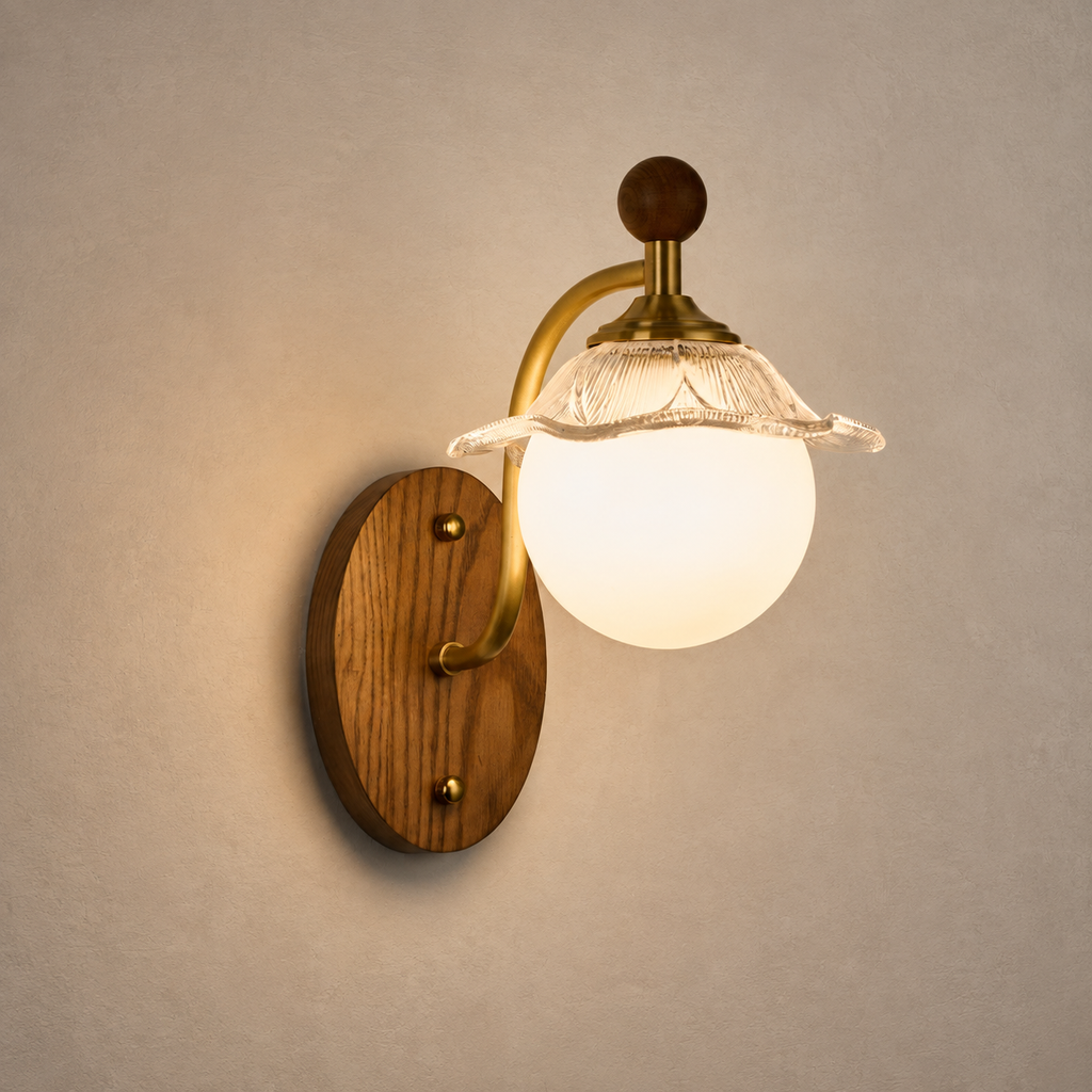Mirelune Opal Globe and Ash Wood Wall Sconce product-forward warm neutral installed hero