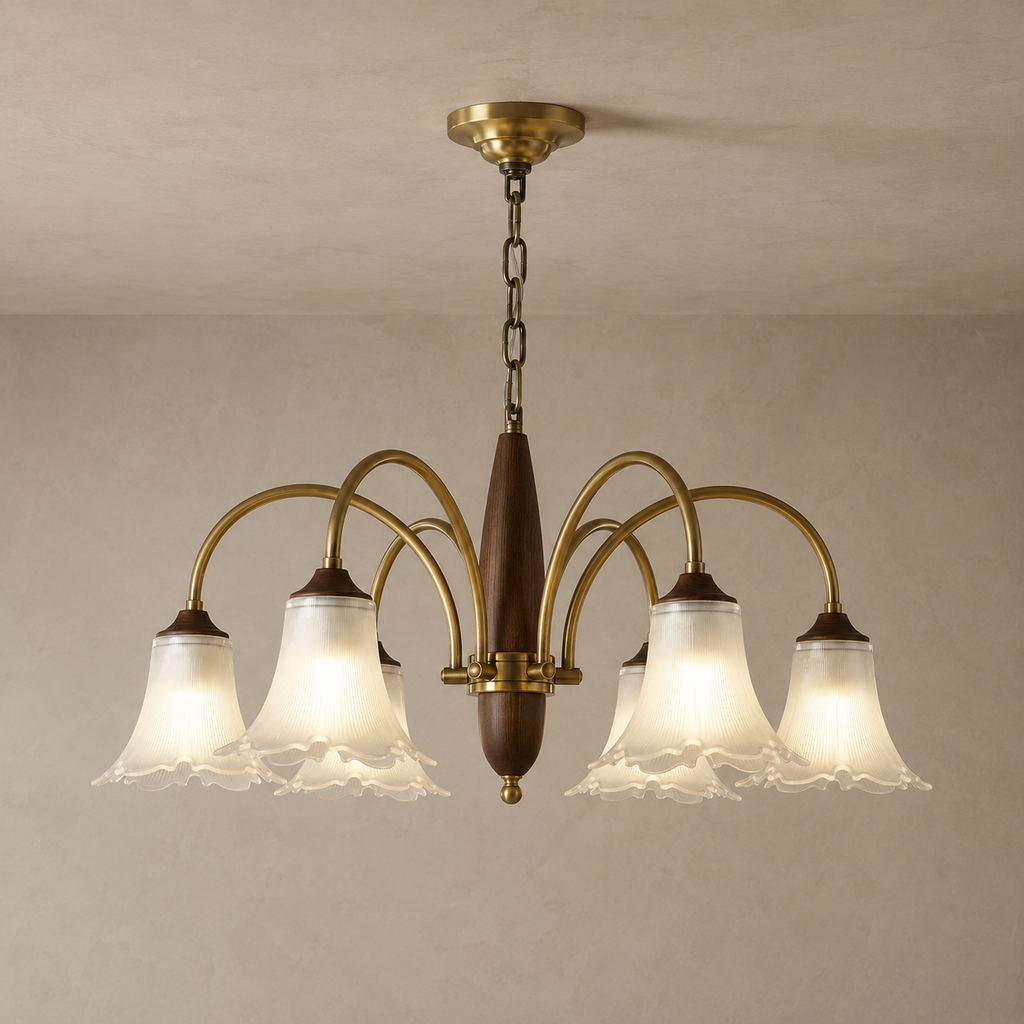 Elorayne Ruffled Glass and Ash Wood Chandelier product-forward warm neutral installed hero
