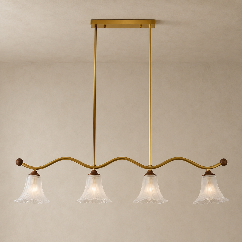 Elorayne Ruffled Glass Linear Chandelier product-forward warm neutral installed hero