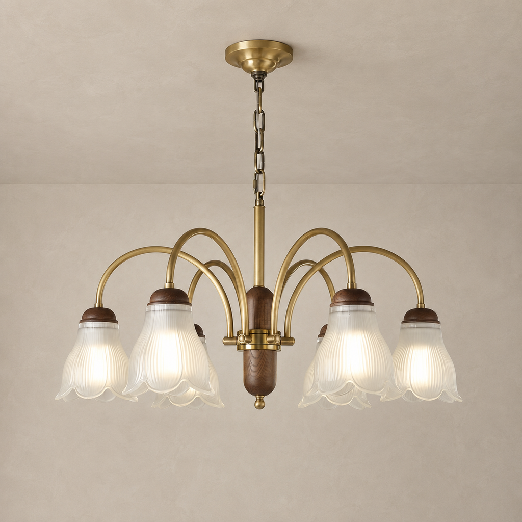 Cloveraine Fluted Petal Glass Chandelier product-forward warm neutral installed hero