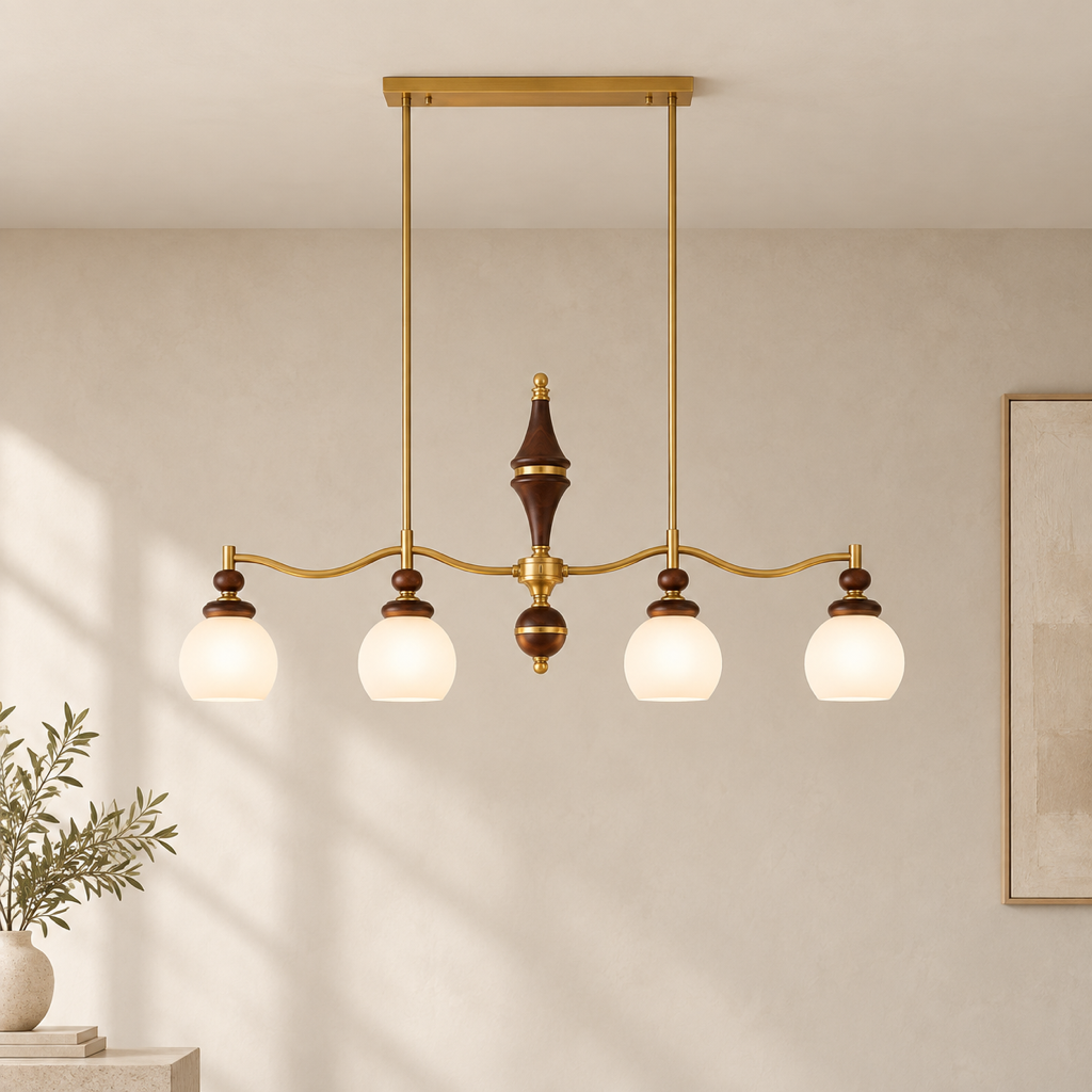 Arclorune four-light opal globe wood linear chandelier in a light warm-neutral setting