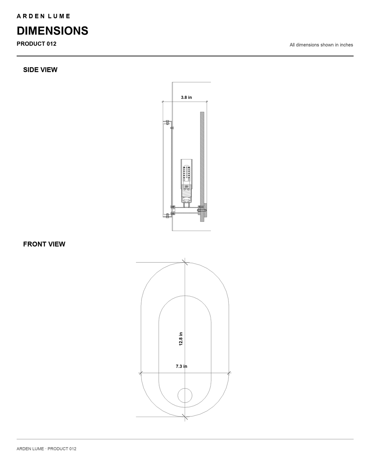 ARDEN LUME Product 012 dimensions — side view and front view