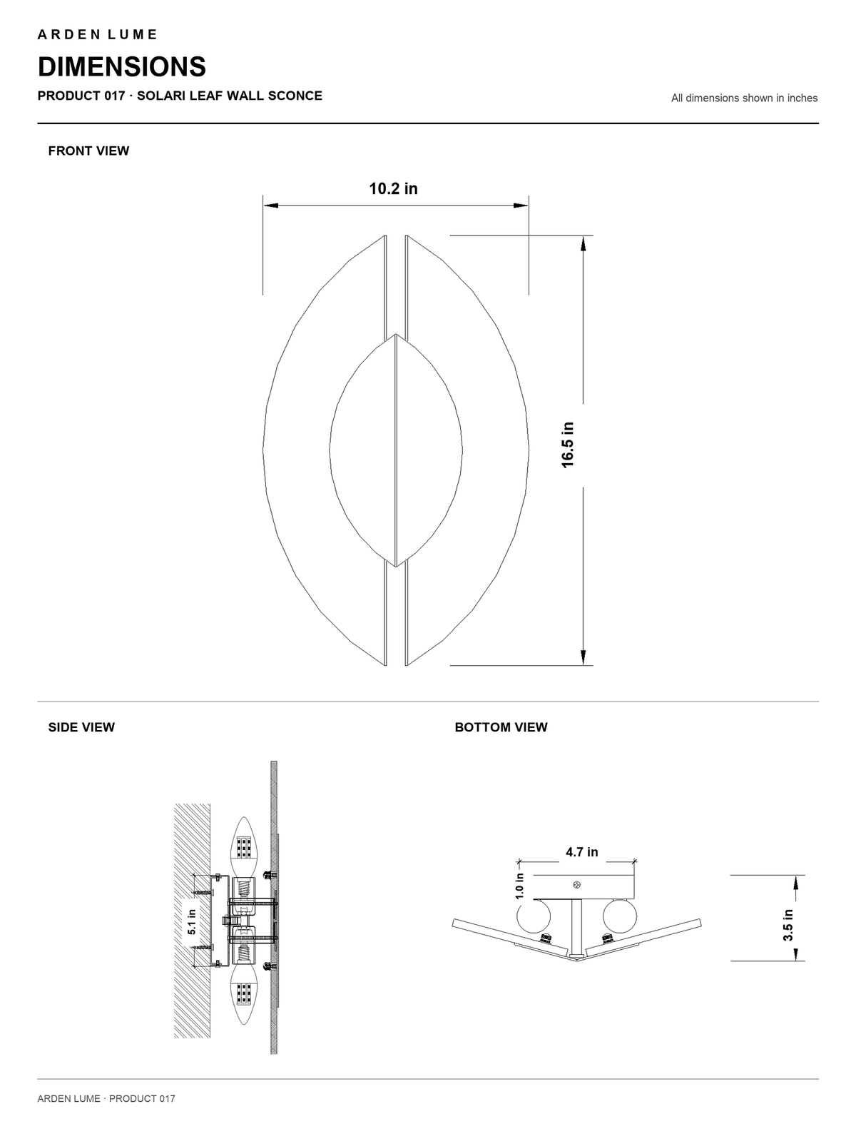 ARDEN LUME Product 017 dimensions - front, side and bottom views; 1.0 in mounting plate depth