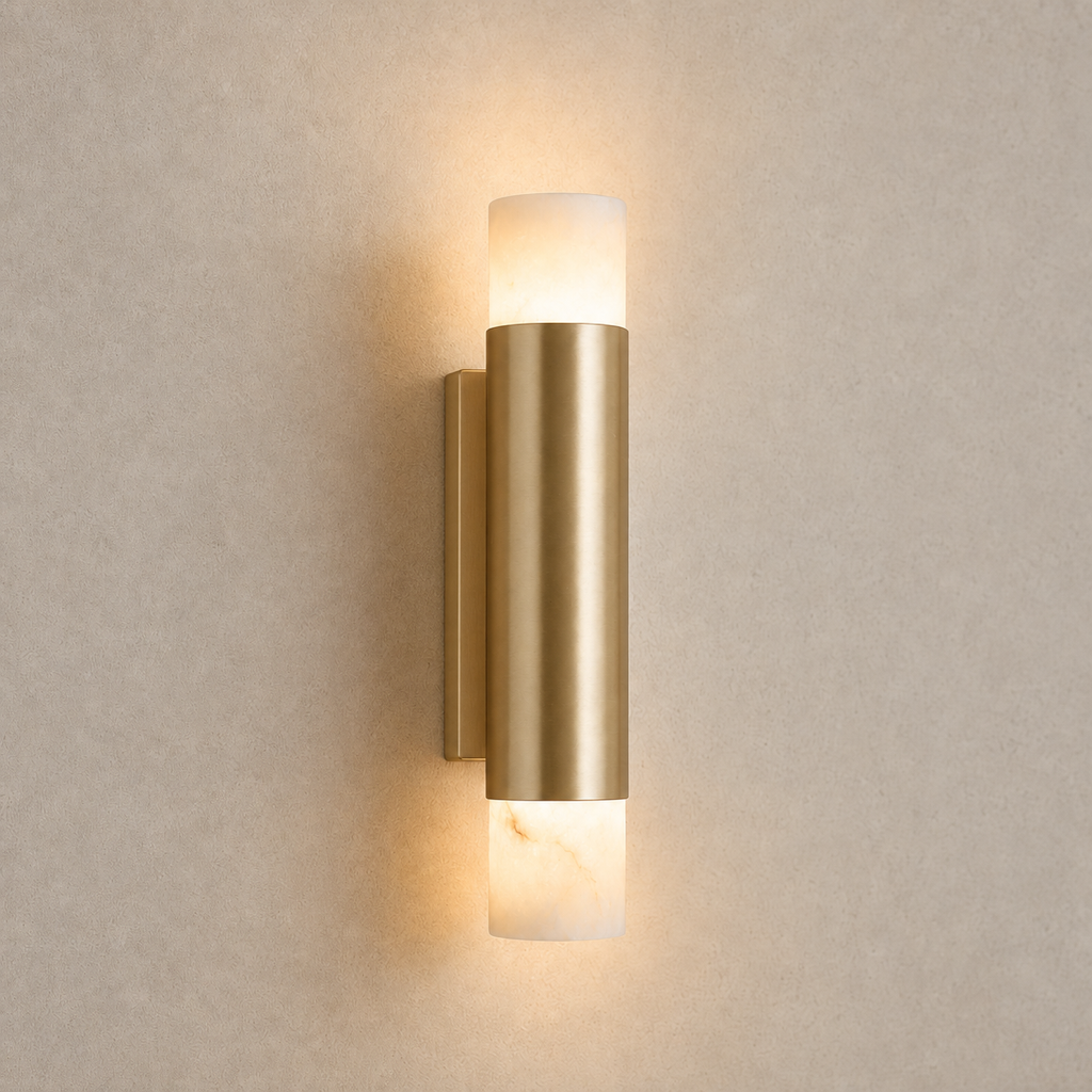 Modern Alabaster Slim Cylinder Wall Sconce illuminated front view with rectangular backplate