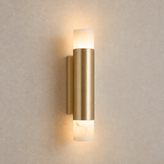 Modern Alabaster Slim Cylinder Wall Sconce illuminated front view with rectangular backplate