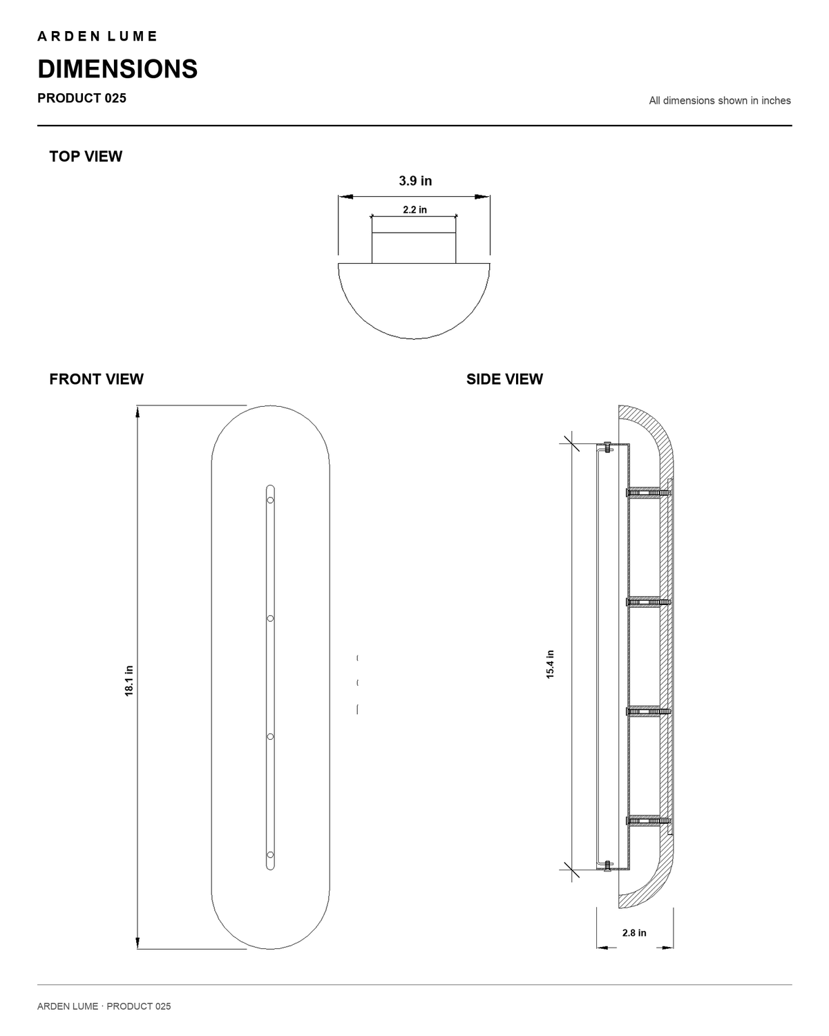 ARDEN LUME Product 025 dimensions - top, front and side views