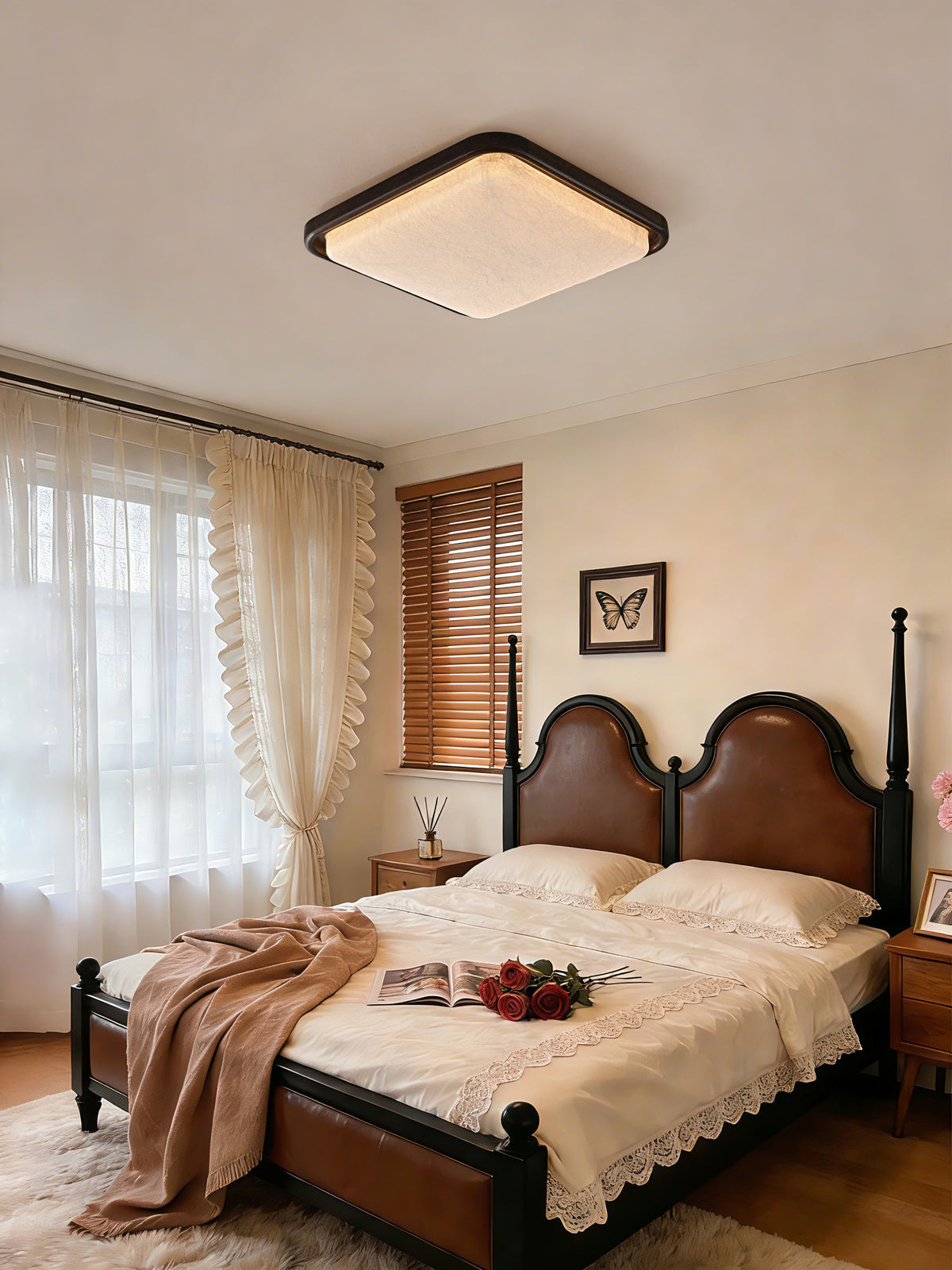 Square mulberry silk ceiling light with wood trim above a bedroom