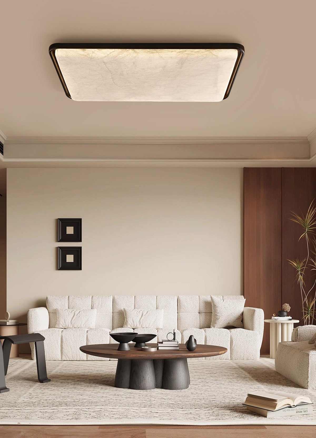 Rectangular mulberry silk ceiling light with wood trim above a living room
