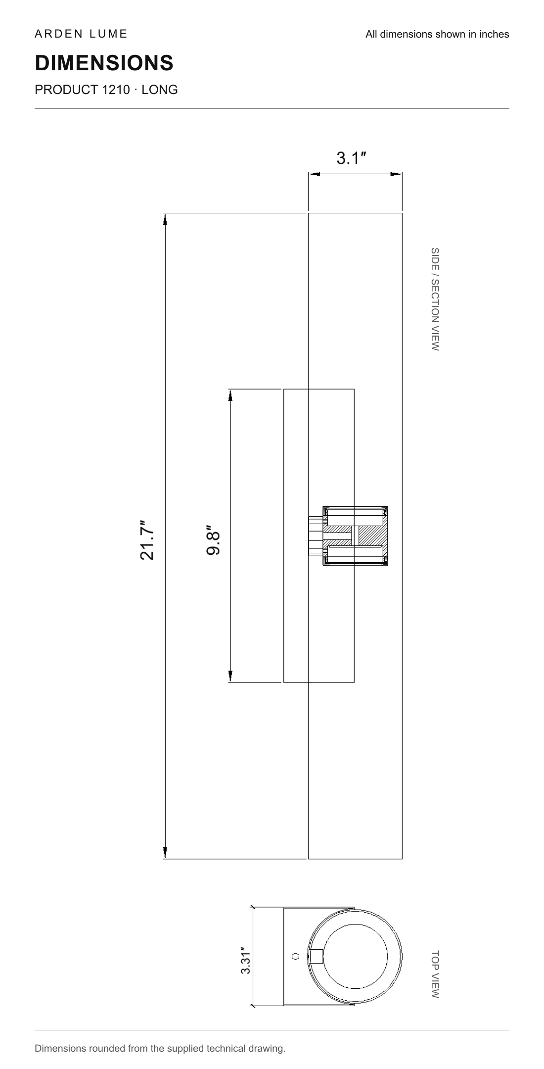 ARDEN LUME 1210 Long wall sconce dimensions: 3.1 inches wide, 21.7 inches high, wall plate height 9.8 inches.