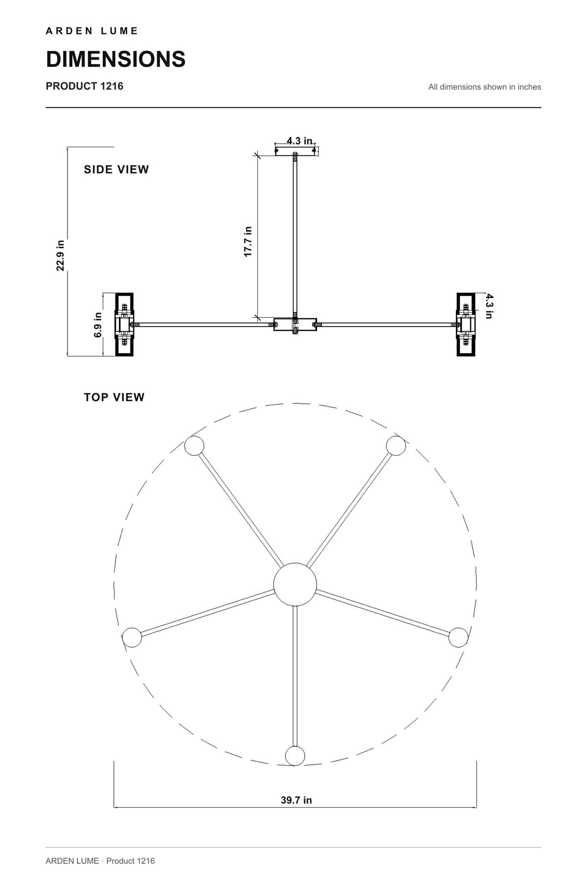 ARDEN LUME Product 1216 dimensions — side view and top view