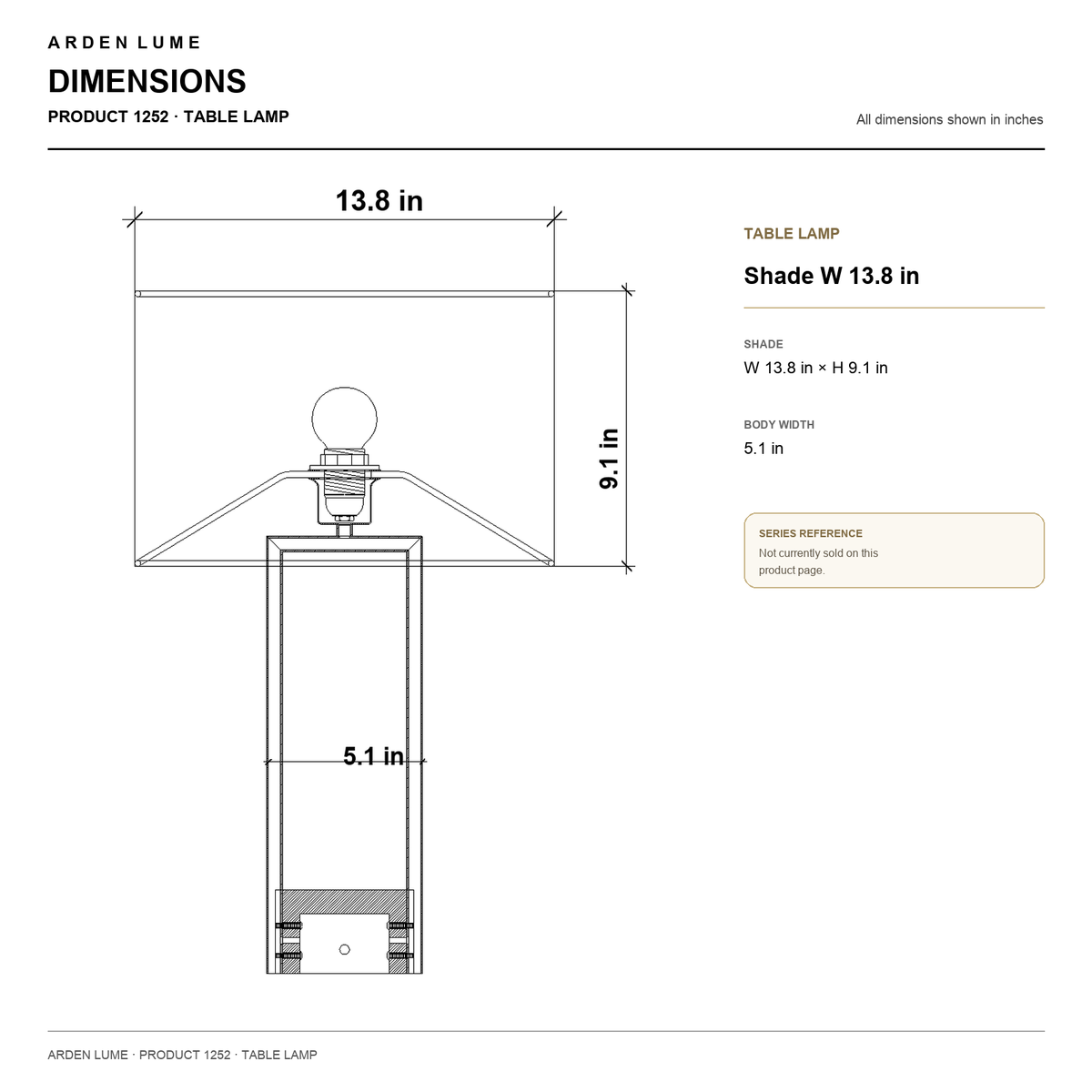 Matching table lamp Product 1252 series reference dimensions