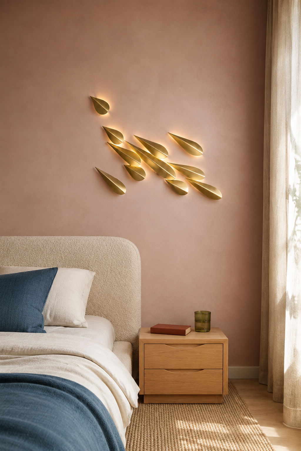 1273 brass leaf wall light, 11-leaf configuration in a modern bedroom