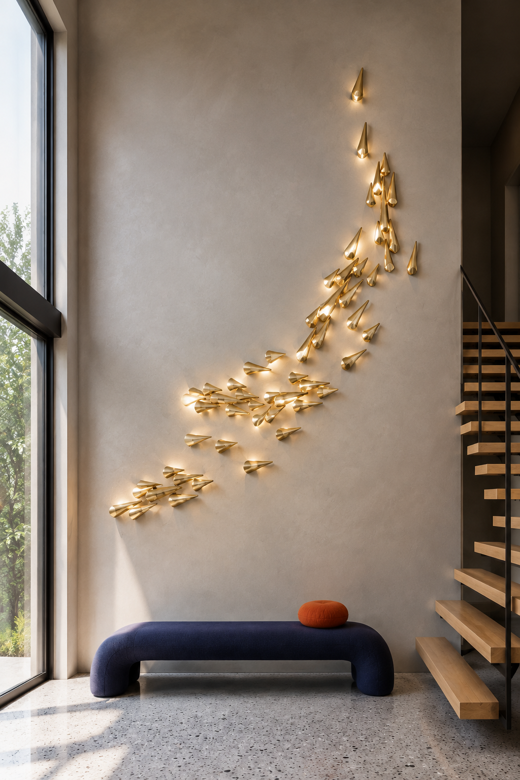 1273 brass leaf wall light, 55-leaf configuration in a double-height foyer