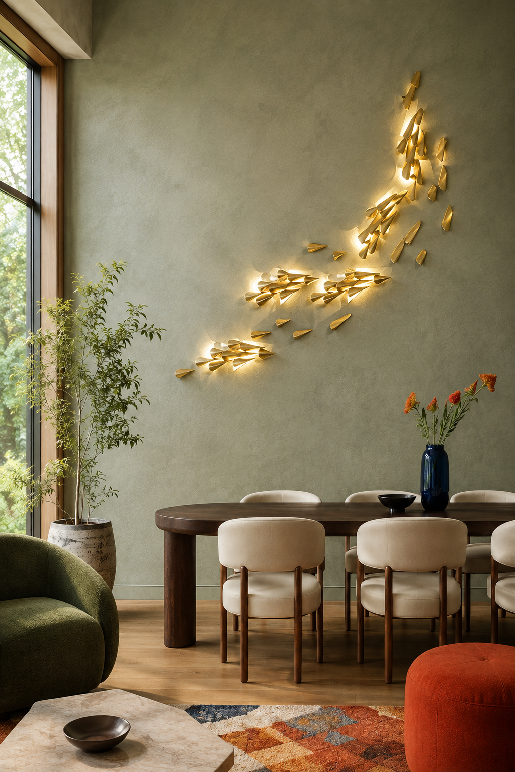 1273 brass leaf wall light, 55-leaf configuration in a modern dining room