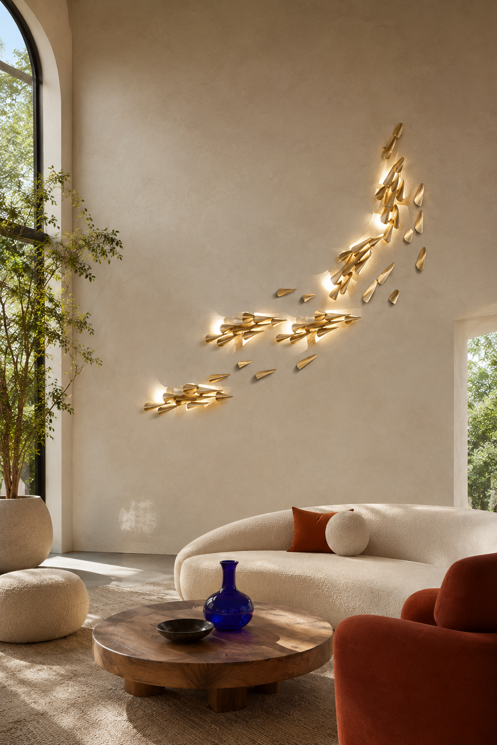 1273 brass leaf wall light, 55-leaf configuration in a modern living room