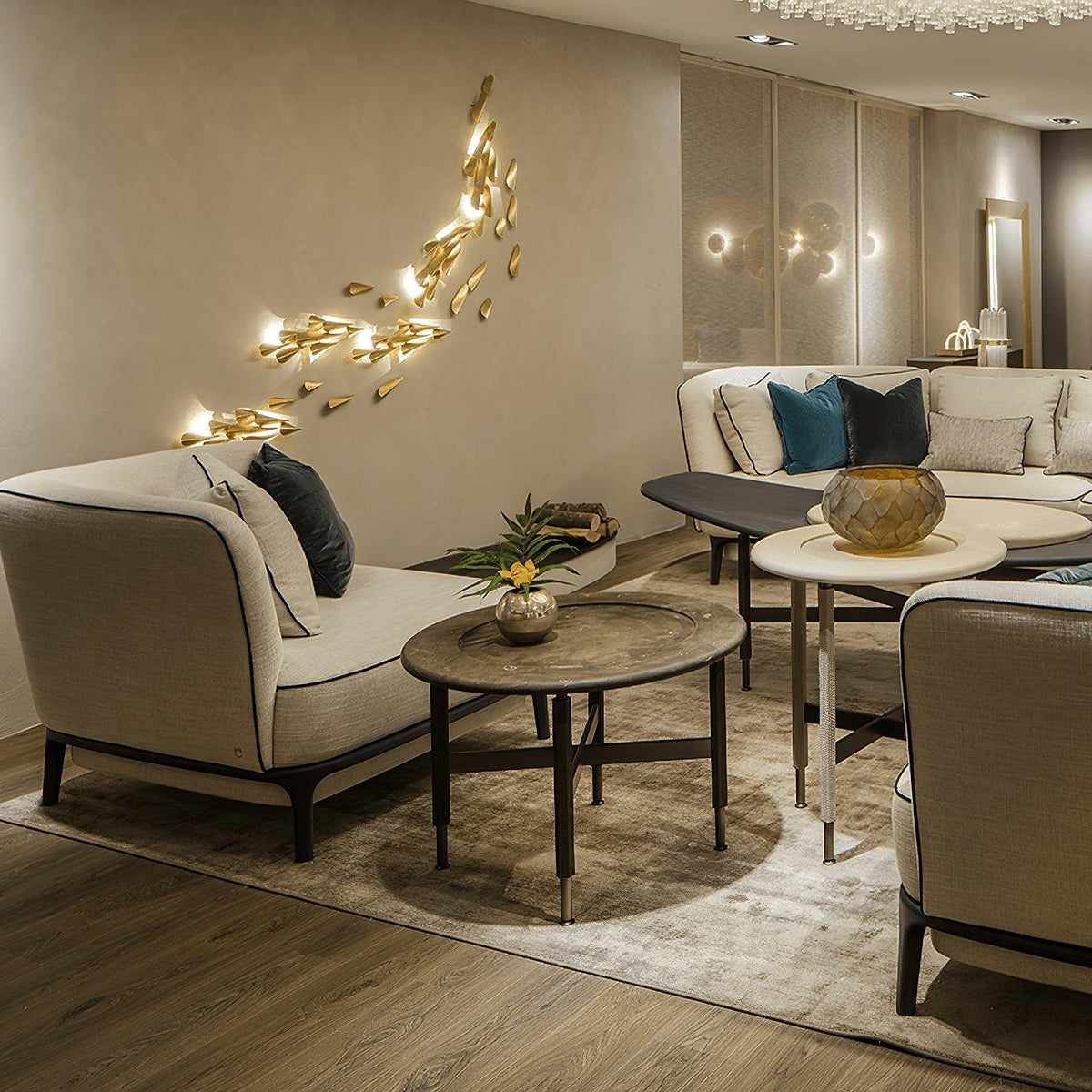 1273 large brass leaf wall light composition in a contemporary living room