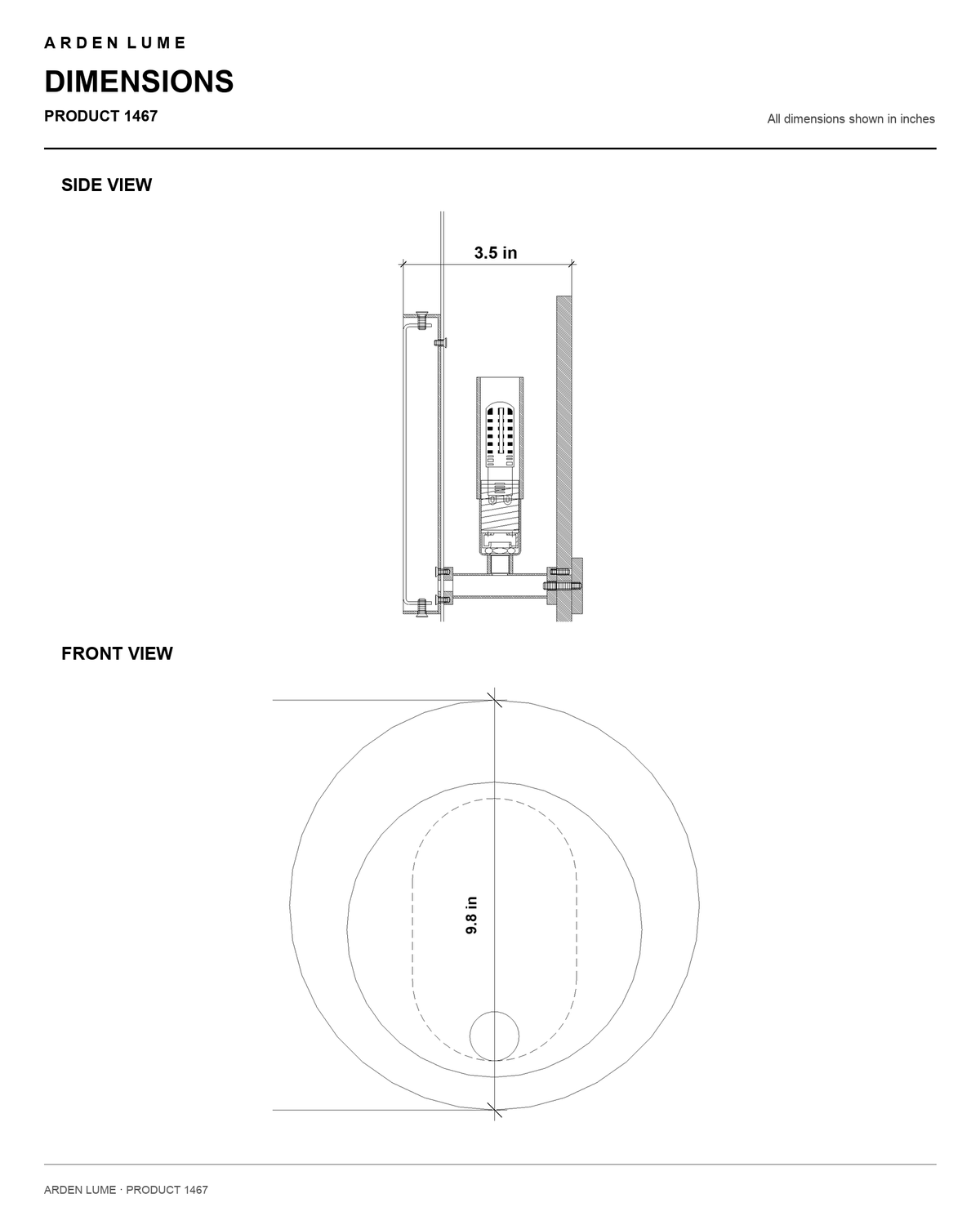 ARDEN LUME Product 1467 dimensions — side view and front view