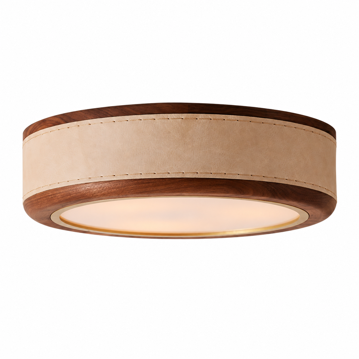 Khaki ceiling light with stitched band, walnut-colored rims and circular diffuser on a white background